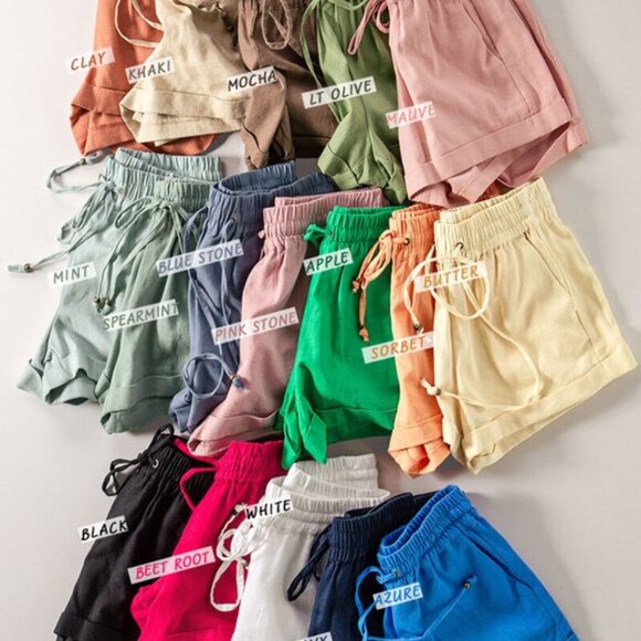 Neon Yellow Linen Waistband Shorts with String Tie - Picture 2 of 2